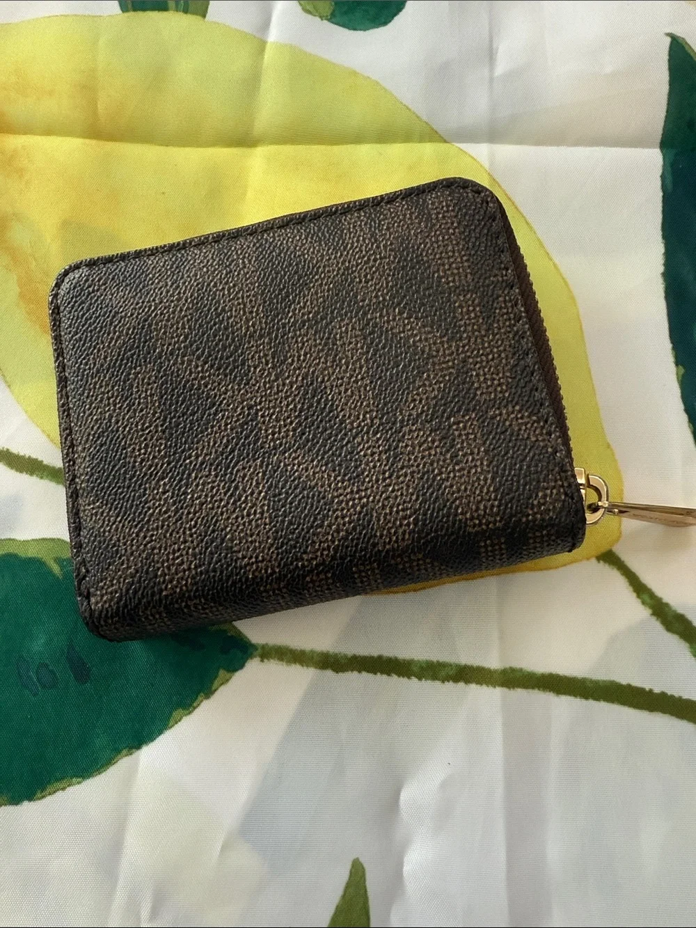 Michael Kors Dark Brown Coated Canvas Zip Card Holder with Gold Plate
